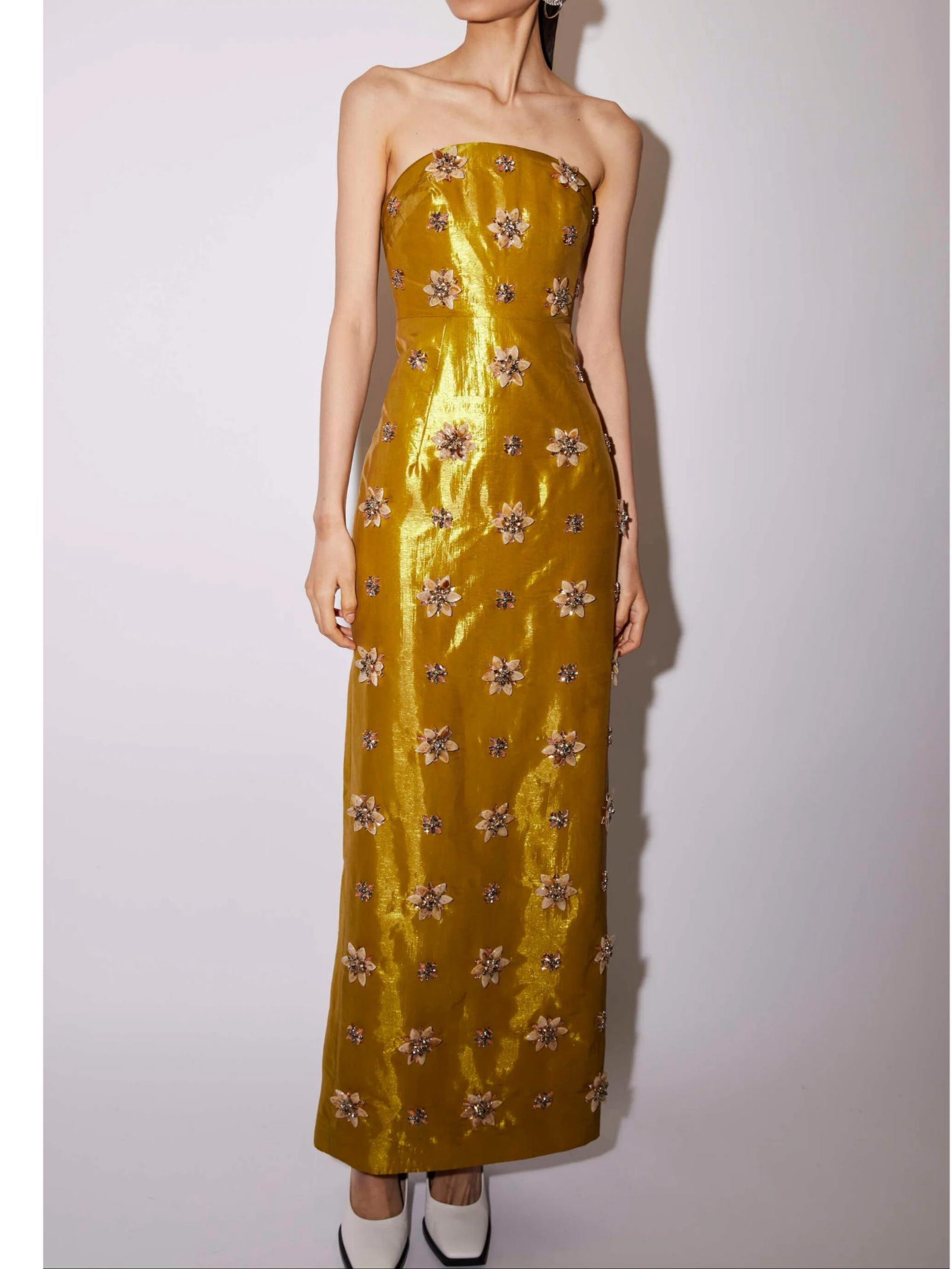 Huishan Zhang Lorena Embellished Taffeta Maxi Dress | Gold Wedding Guest Dress, Gold Black Tie Gown