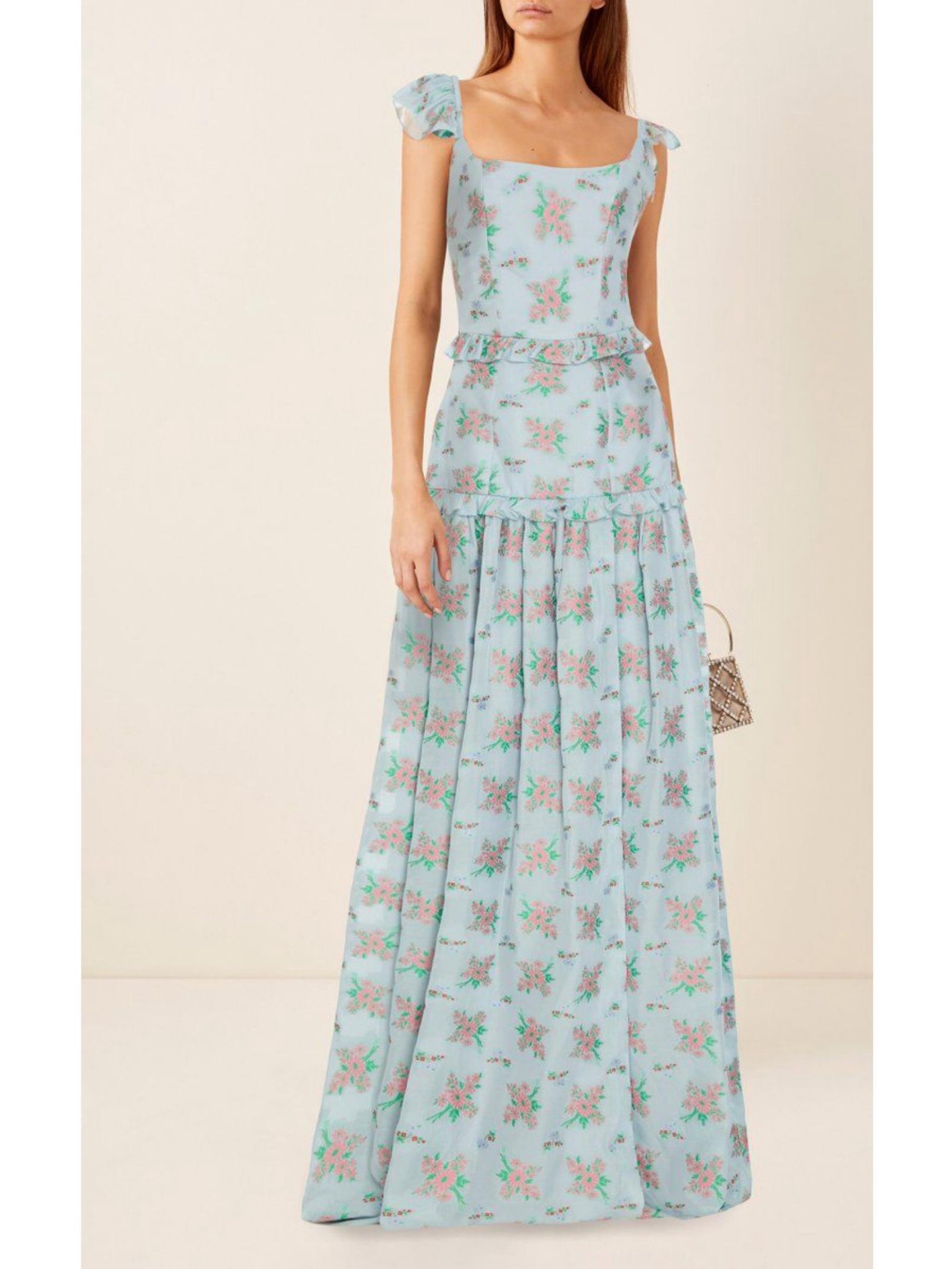 Markarian Arabella Floral Corset Gown | Blue Wedding Guest Dress, Blue Floral Gown