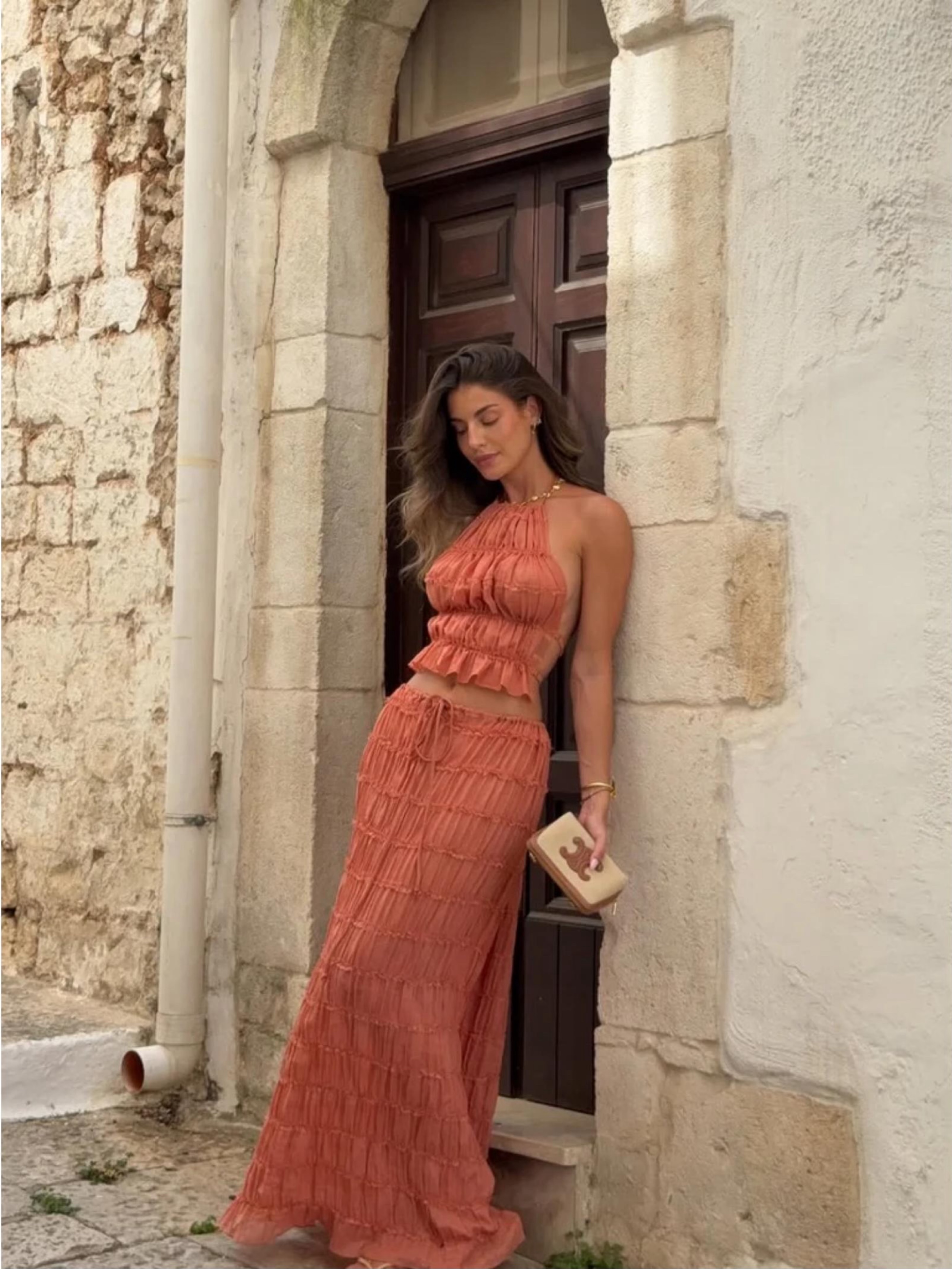 ミチュ　fr セット Arcina Ori Juliette Halter and Skirt Set in Peach | Matching Set